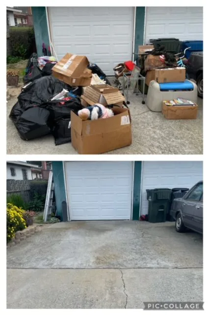 Collection of trash bags and boxes outside a garage before and after cleanup.
