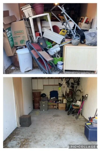a cluttered storage unit with boxes, chairs, and various items, while the bottom image shows the same unit after being organized with a bicycle, tools, and shelving.